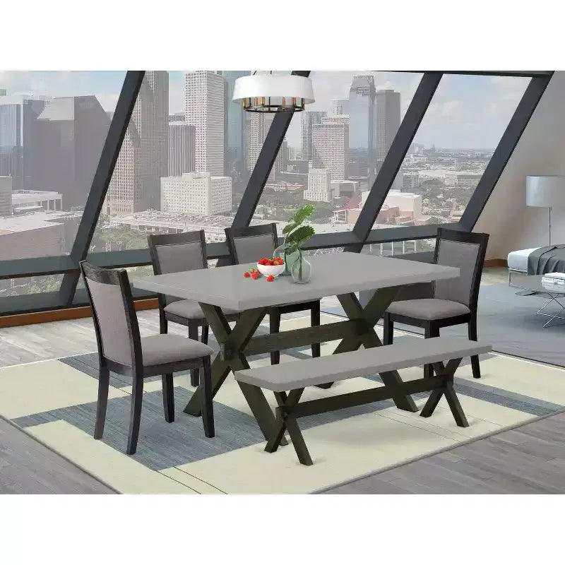 Table de salle à manger rectangulaire 6 pièces en bois massif finition chêne naturel avec 1 banc, 4 chaises rembourrées