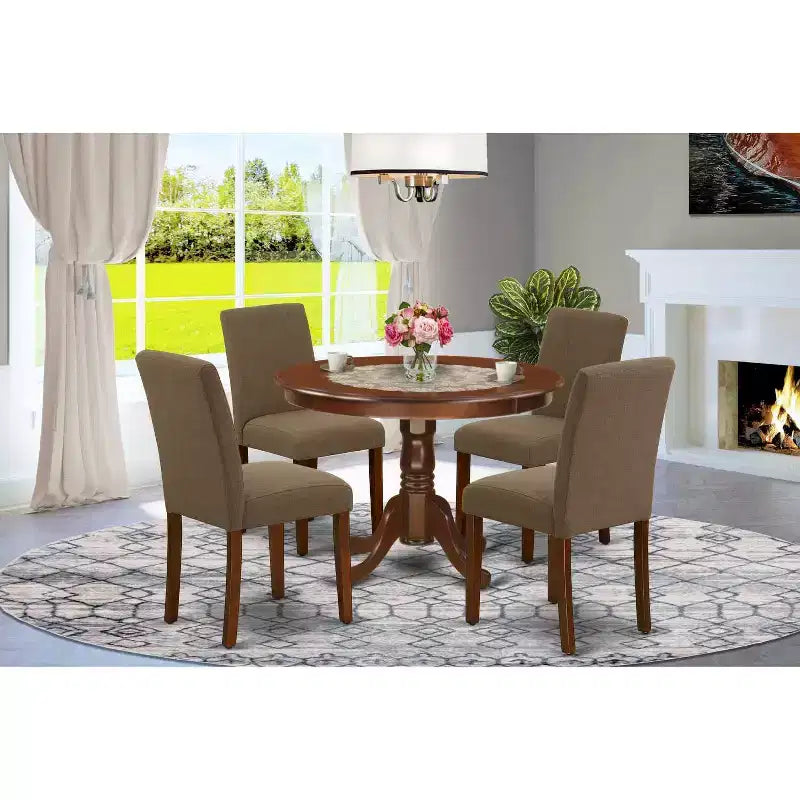 Ensemble Table et Chaises de Cuisine Rond 5 Pièces - Design Moderne - Tissu Lin Café - Élégant