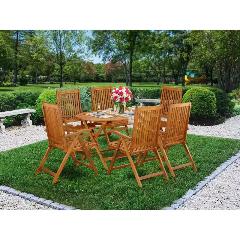 Table à manger 7 pièces avec plateau en bois massif finition chêne naturel et 6 chaises
