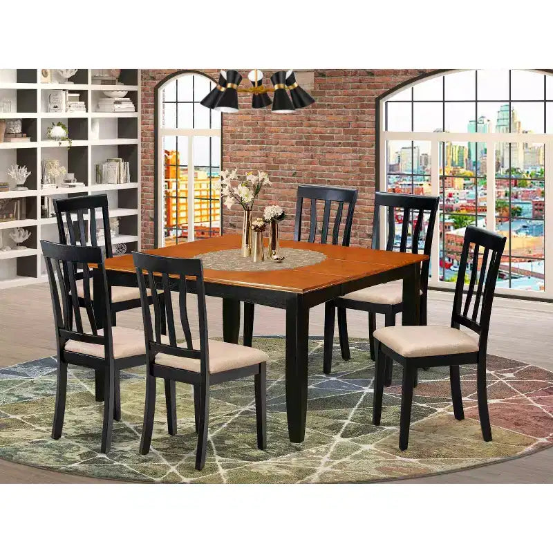 Table de salle à manger carrée 7 pièces avec plateau en bois massif noir et cerisier avec 6 chaises