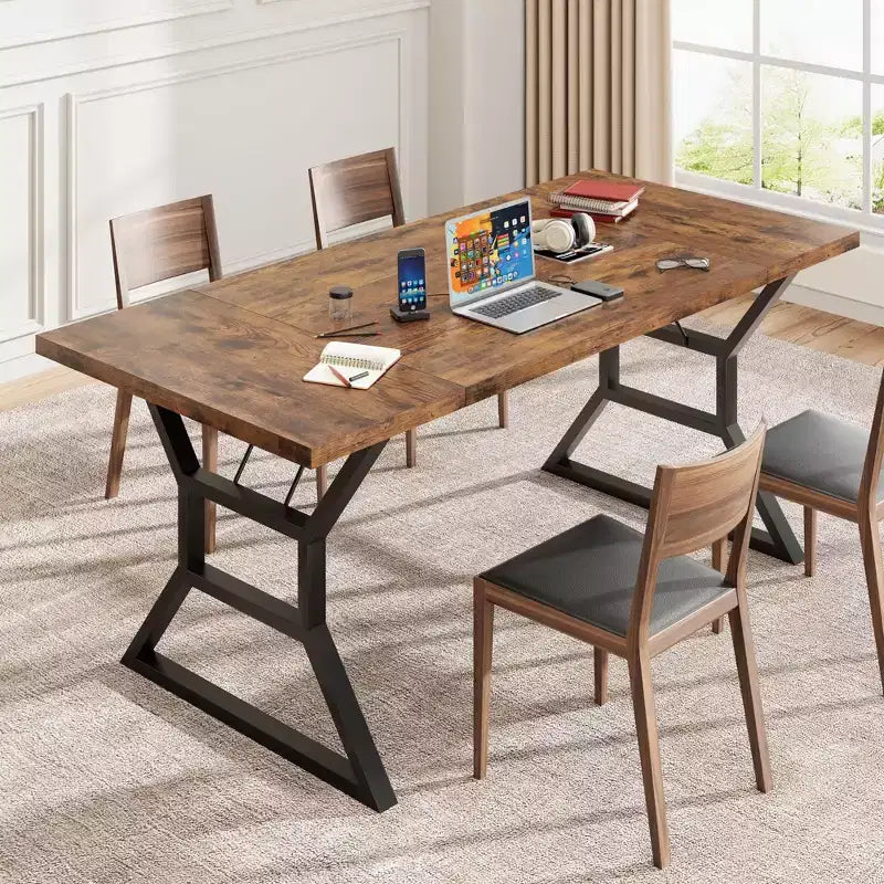 Table de salle à manger de ferme pour 6 personnes, table de cuisine rectangulaire robuste en bois avec pieds en métal résistants, grande table pour salle à manger, restaurant