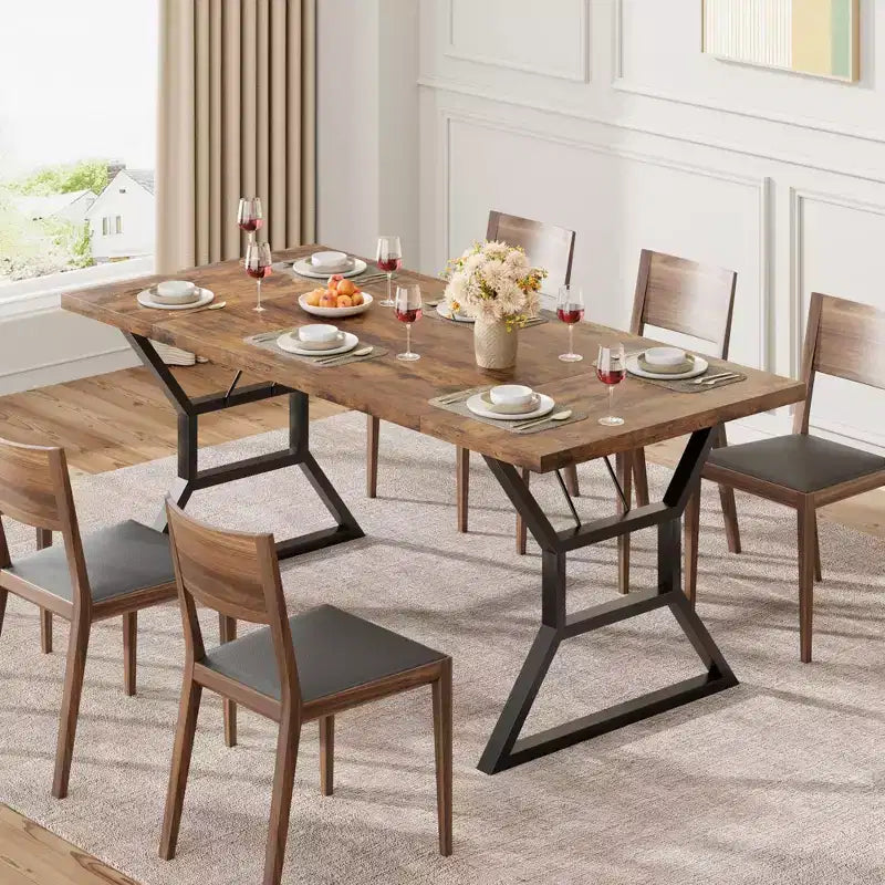 Table de salle à manger de ferme pour 6 personnes, table de cuisine rectangulaire robuste en bois avec pieds en métal résistants, grande table pour salle à manger, restaurant