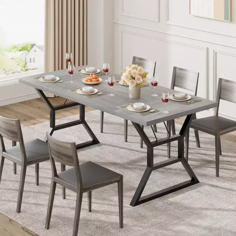 Table de salle à manger de ferme pour 6 personnes, table de cuisine rectangulaire robuste en bois avec pieds en métal résistants, grande table pour salle à manger, restaurant