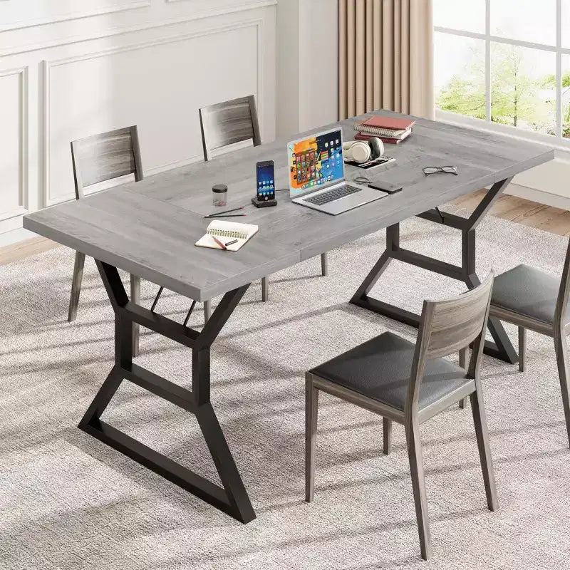 Table de salle à manger de ferme pour 6 personnes, table de cuisine rectangulaire robuste en bois avec pieds en métal résistants, grande table pour salle à manger, restaurant