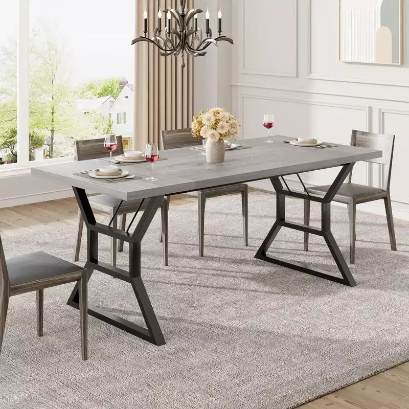 Farmhouse Dining Table for 6, Sturdy Rectangular Wood Kitchen Table with Heavy-Duty Metal Legs, Large Table for Dining Room, Restaurant