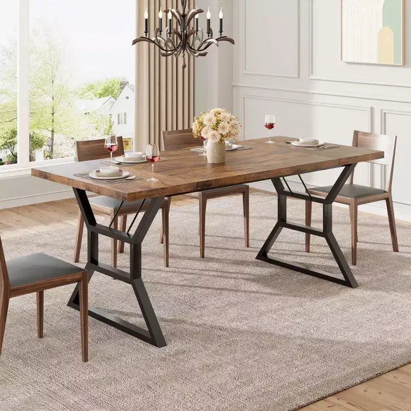 Table de salle à manger de ferme pour 6 personnes, table de cuisine rectangulaire robuste en bois avec pieds en métal résistants, grande table pour salle à manger, restaurant