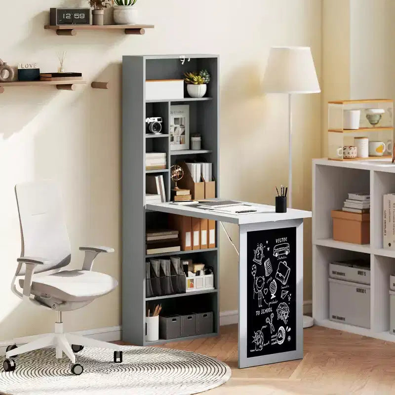 Bureau escamotable convertible, bureau d'ordinateur mural avec tableau noir et étagère latérale