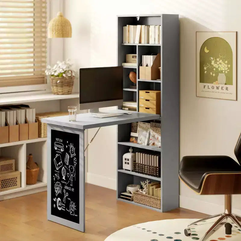 Bureau escamotable convertible, bureau d'ordinateur mural avec tableau noir et étagère latérale