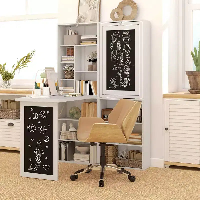 Bureau escamotable convertible, bureau d'ordinateur mural avec tableau noir et étagère latérale