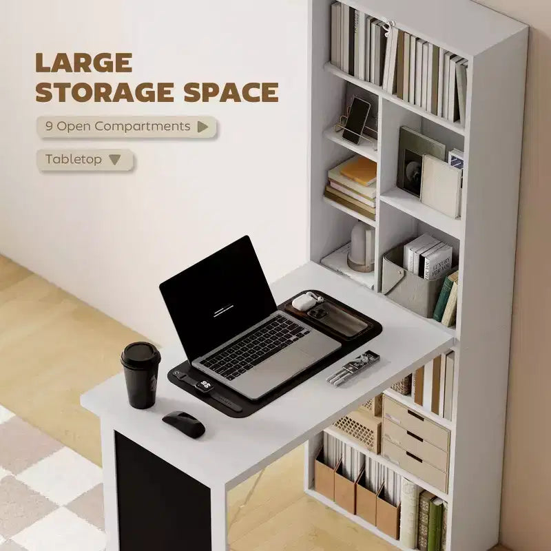 Bureau escamotable convertible, bureau d'ordinateur mural avec tableau noir et étagère latérale