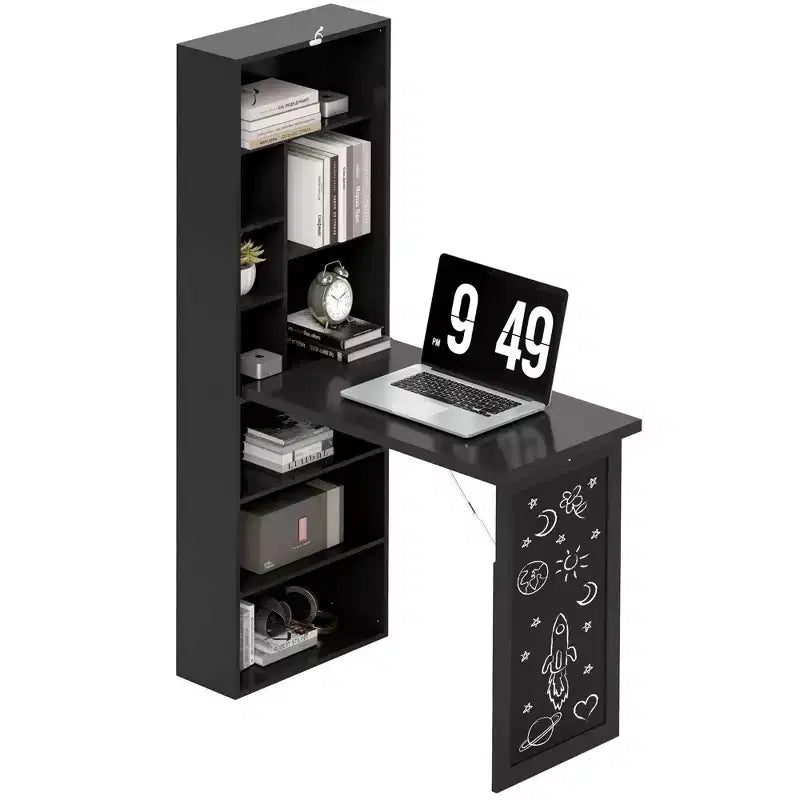 Fold-out Convertible Office Desk, Wall Mount Computer Desk with Blackboard and Side Shelf