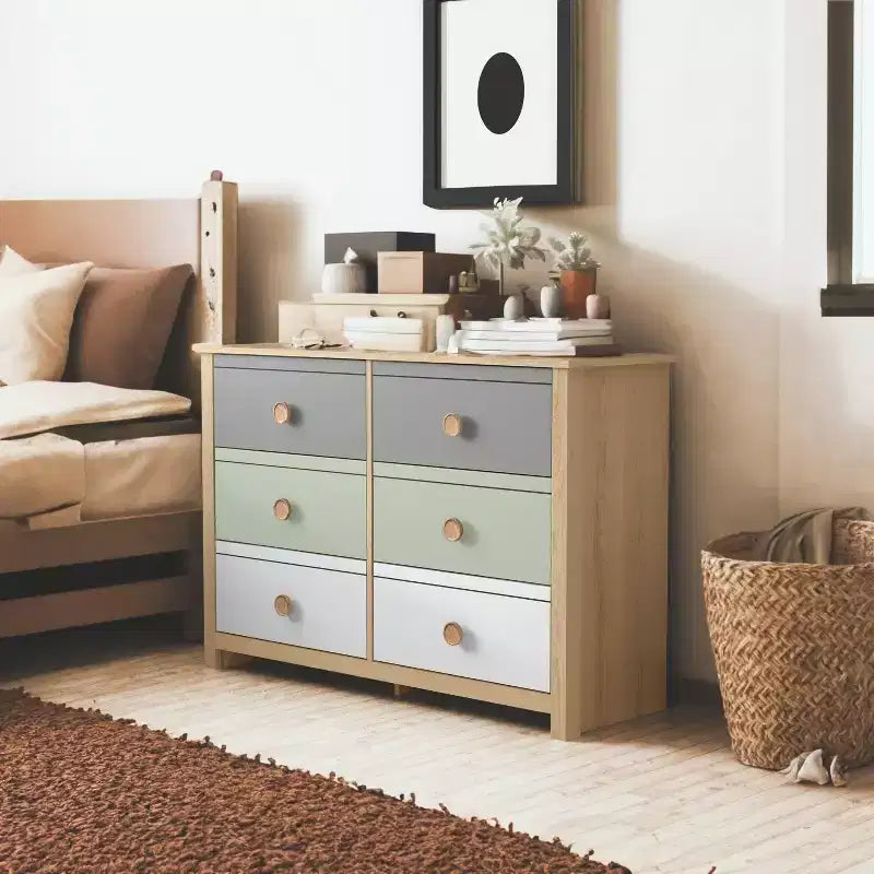 Commode enfant à 6 tiroirs avec façades multicolores, blanche 46,1 L x 15,8 P x 31,3 H