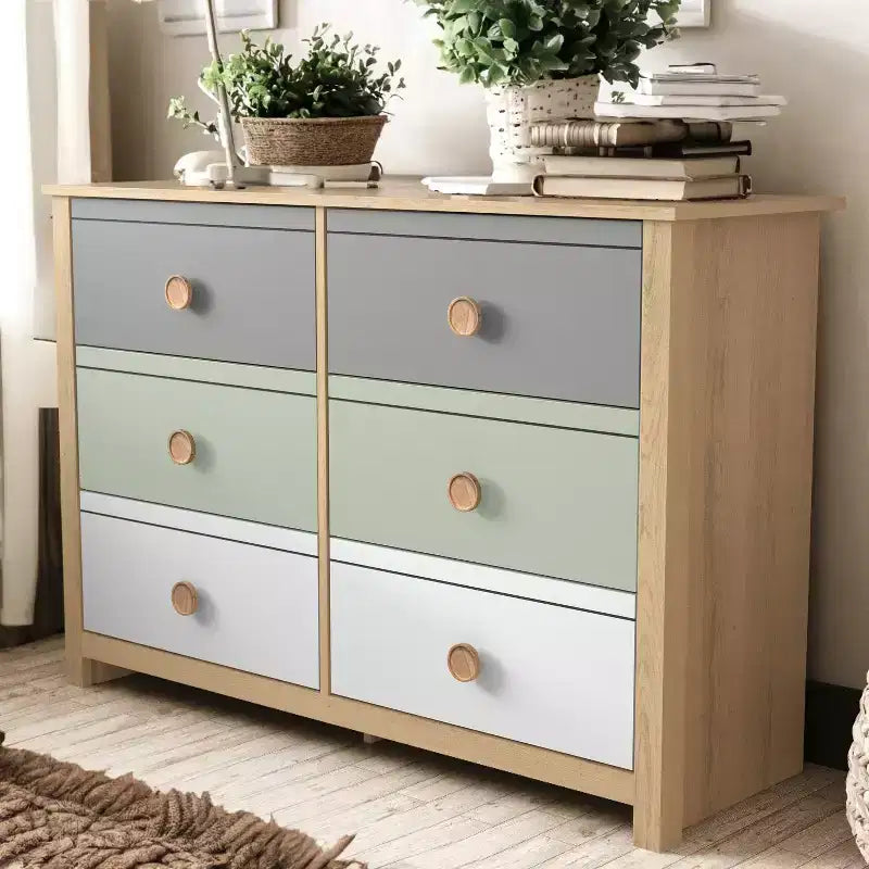 Commode enfant à 6 tiroirs avec façades multicolores, blanche 46,1 L x 15,8 P x 31,3 H