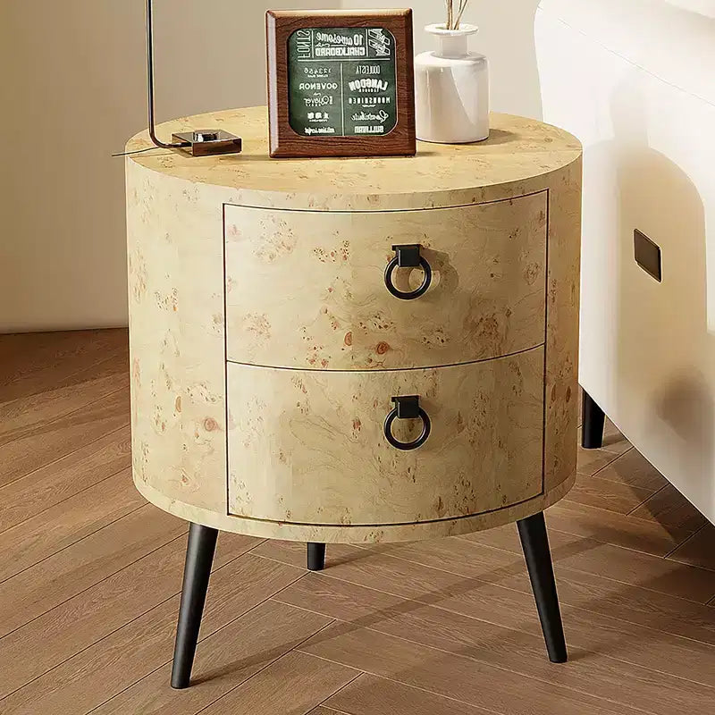 Modern Round Side Table with Storage, Wooden Accent Nightstand with 2 Drawers and Metal Legs, Circle End Table for Bedroom or Living Room
