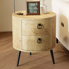 Modern Round Side Table with Storage, Wooden Accent Nightstand with 2 Drawers and Metal Legs, Circle End Table for Bedroom or Living Room