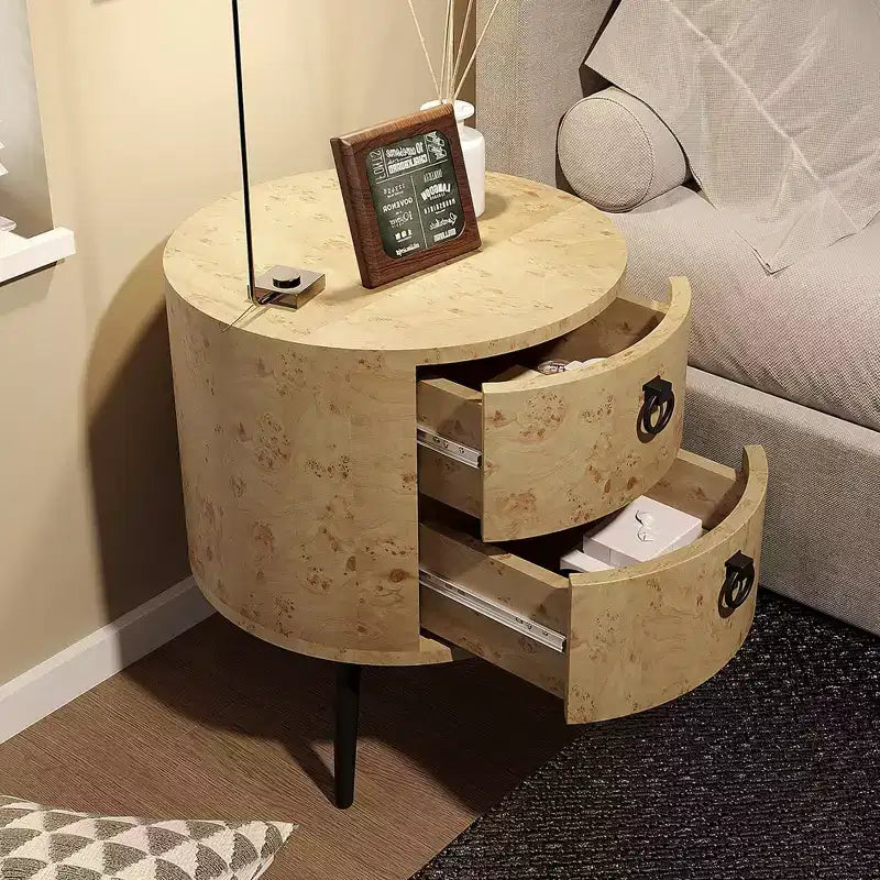 Table d'appoint ronde moderne avec rangement, table de chevet d'appoint en bois avec 2 tiroirs et pieds en métal, table basse ronde pour chambre ou salon.