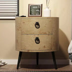 Table d'appoint ronde moderne avec rangement, table de chevet d'appoint en bois avec 2 tiroirs et pieds en métal, table basse ronde pour chambre ou salon.