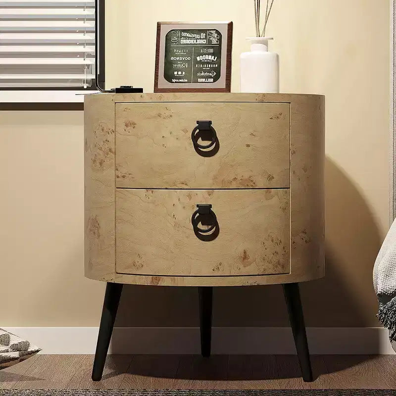 Table d'appoint ronde moderne avec rangement, table de chevet d'appoint en bois avec 2 tiroirs et pieds en métal, table basse ronde pour chambre ou salon.