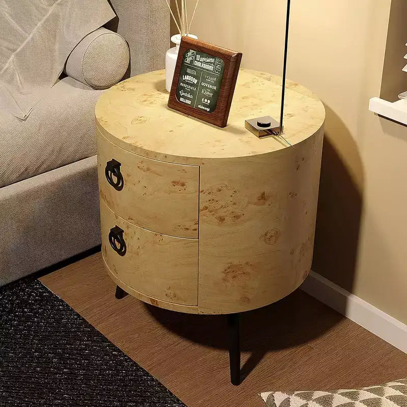 Table d'appoint ronde moderne avec rangement, table de chevet d'appoint en bois avec 2 tiroirs et pieds en métal, table basse ronde pour chambre ou salon.