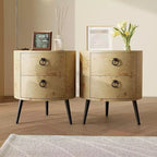 Table d'appoint ronde moderne avec rangement, table de chevet d'appoint en bois avec 2 tiroirs et pieds en métal, table basse ronde pour chambre ou salon.