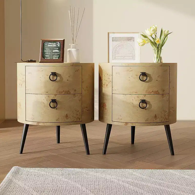 Table d'appoint ronde moderne avec rangement, table de chevet d'appoint en bois avec 2 tiroirs et pieds en métal, table basse ronde pour chambre ou salon.