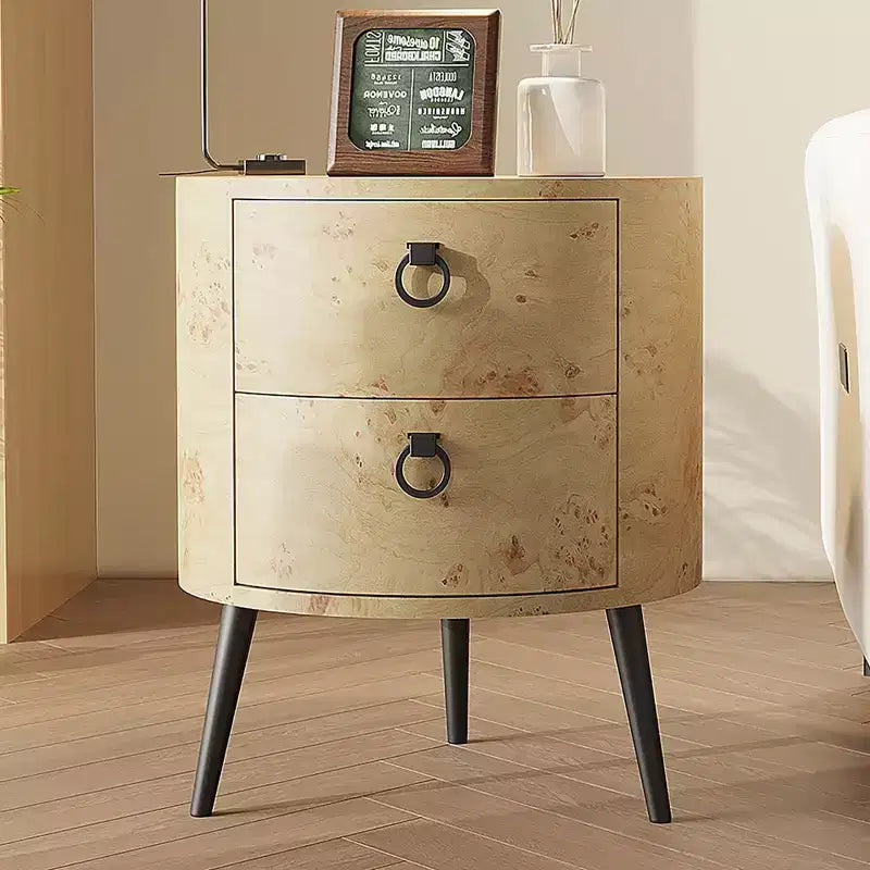 Table d'appoint ronde moderne avec rangement, table de chevet d'appoint en bois avec 2 tiroirs et pieds en métal, table basse ronde pour chambre ou salon.