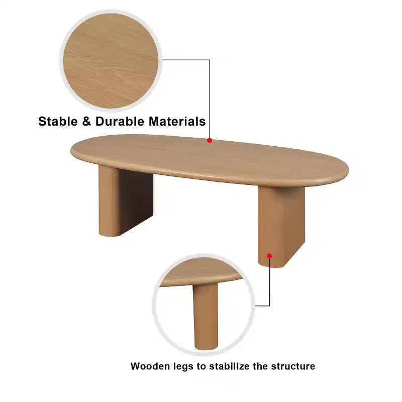 Table basse ovale moderne 51, table centrale finition bois avec pieds colonnes massifs pour salon
