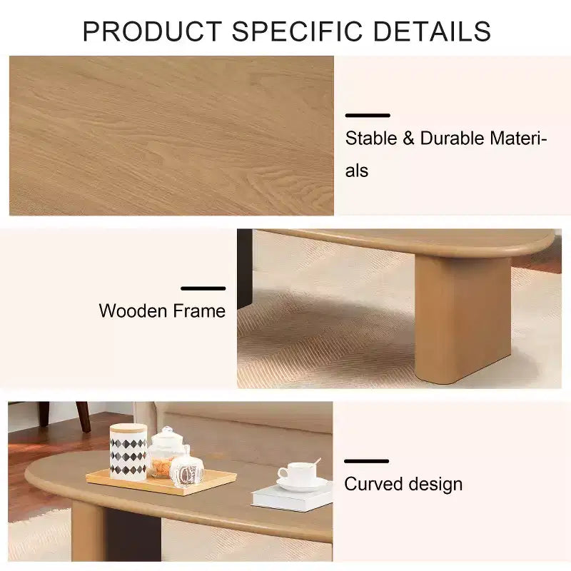 Table basse ovale moderne 51, table centrale finition bois avec pieds colonnes massifs pour salon