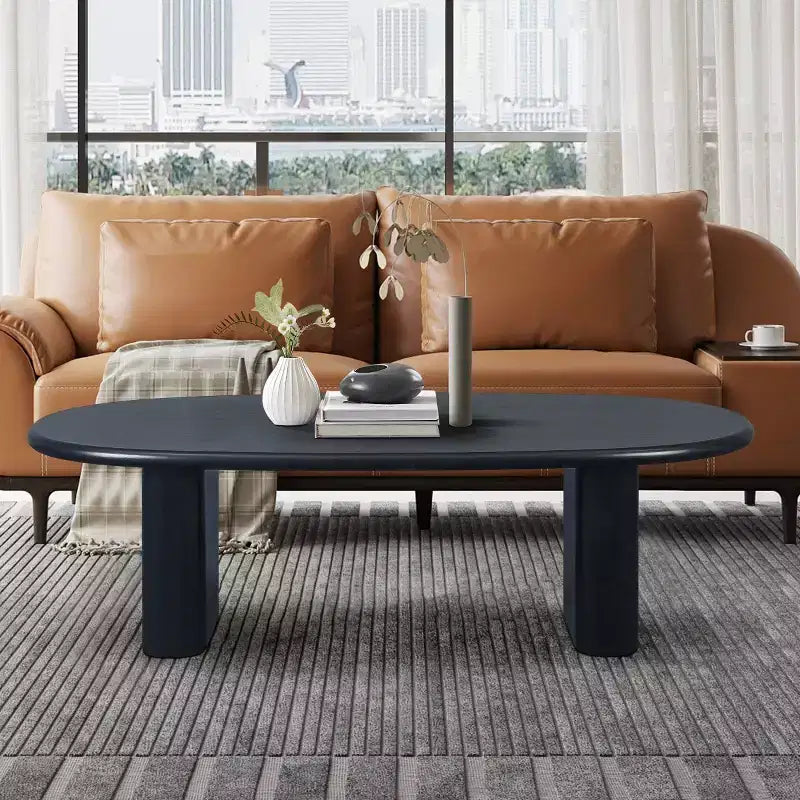 Table basse ovale moderne 51, table centrale finition bois avec pieds colonnes massifs pour salon