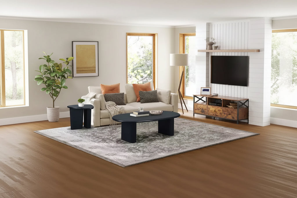 Table basse ovale moderne 51, table centrale finition bois avec pieds colonnes massifs pour salon