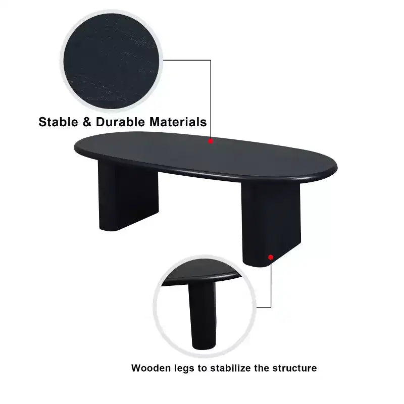 Table basse ovale moderne 51, table centrale finition bois avec pieds colonnes massifs pour salon
