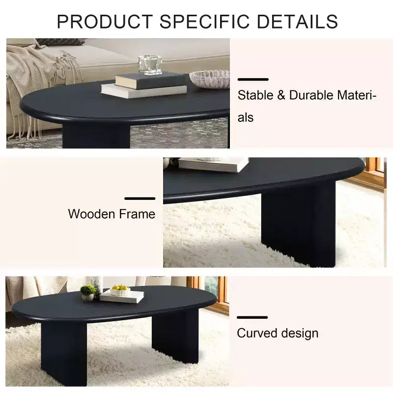 Table basse ovale moderne 51, table centrale finition bois avec pieds colonnes massifs pour salon