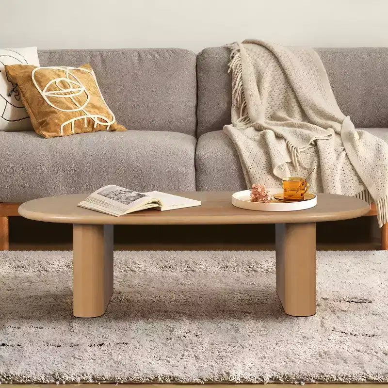 Table basse ovale moderne 51, table centrale finition bois avec pieds colonnes massifs pour salon