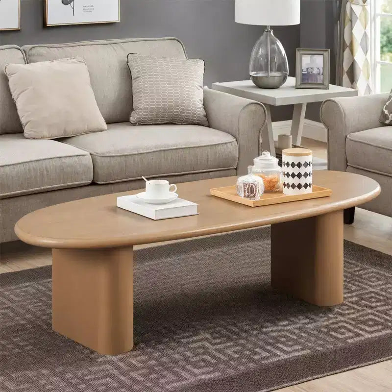 Table basse ovale moderne 51, table centrale finition bois avec pieds colonnes massifs pour salon