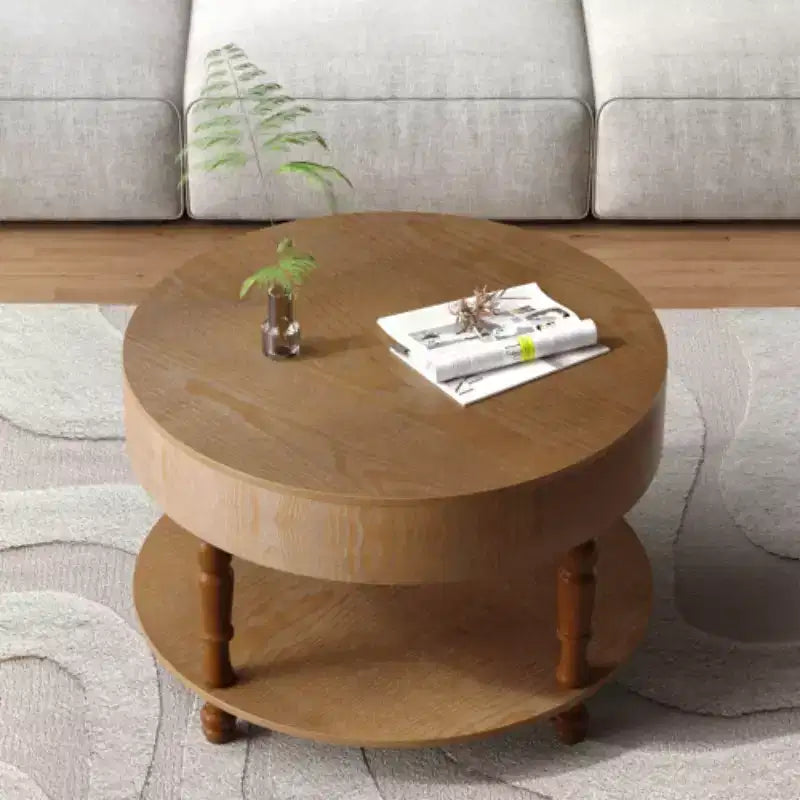 Table basse ronde de 80 cm avec rangement caché à plateau relevable et étagère ouverte, table d'appoint à deux niveaux avec pieds en bois pour salon