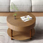 Table basse ronde de 80 cm avec rangement caché à plateau relevable et étagère ouverte, table d'appoint à deux niveaux avec pieds en bois pour salon