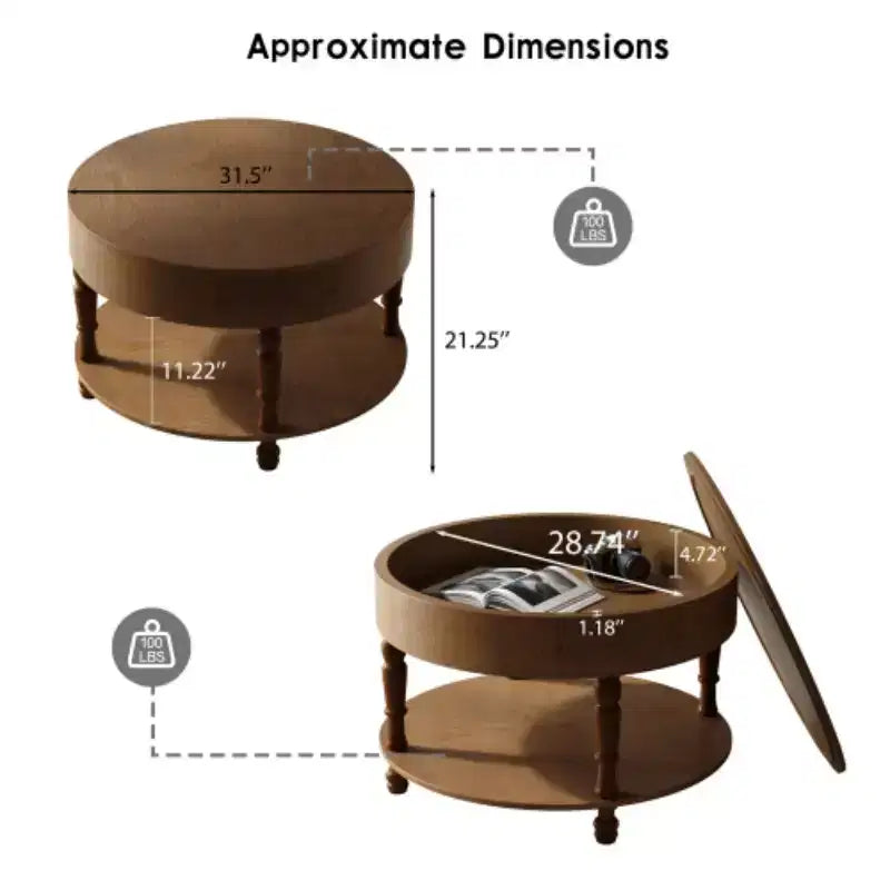 Table basse ronde de 80 cm avec rangement caché à plateau relevable et étagère ouverte, table d'appoint à deux niveaux avec pieds en bois pour salon