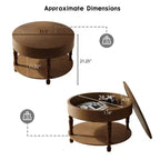 Table basse ronde de 80 cm avec rangement caché à plateau relevable et étagère ouverte, table d'appoint à deux niveaux avec pieds en bois pour salon