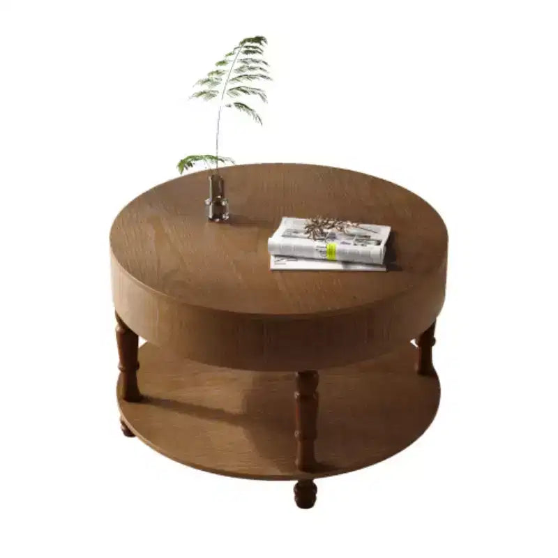 Table basse ronde de 80 cm avec rangement caché à plateau relevable et étagère ouverte, table d'appoint à deux niveaux avec pieds en bois pour salon