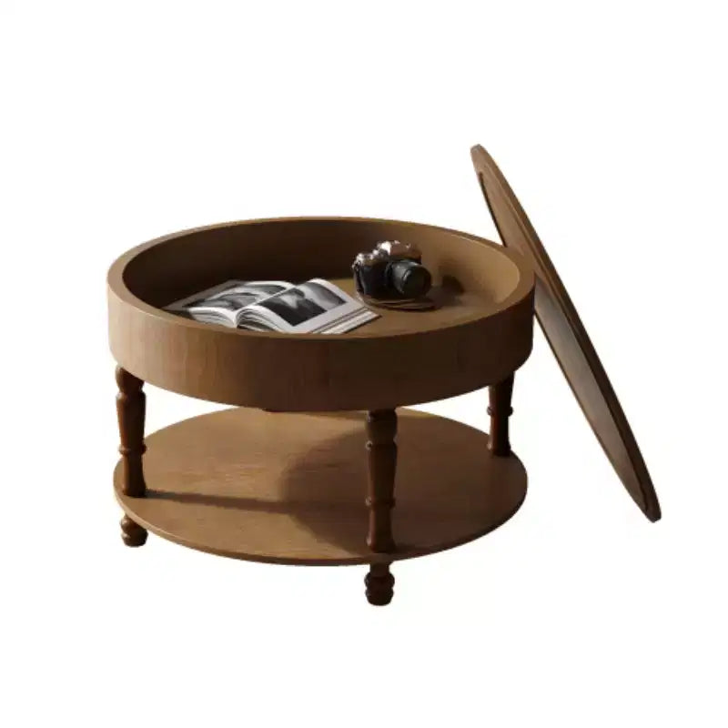 Table basse ronde de 80 cm avec rangement caché à plateau relevable et étagère ouverte, table d'appoint à deux niveaux avec pieds en bois pour salon