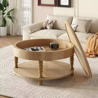 Table basse ronde de 80 cm avec rangement caché à plateau relevable et étagère ouverte, table d'appoint à deux niveaux avec pieds en bois pour salon