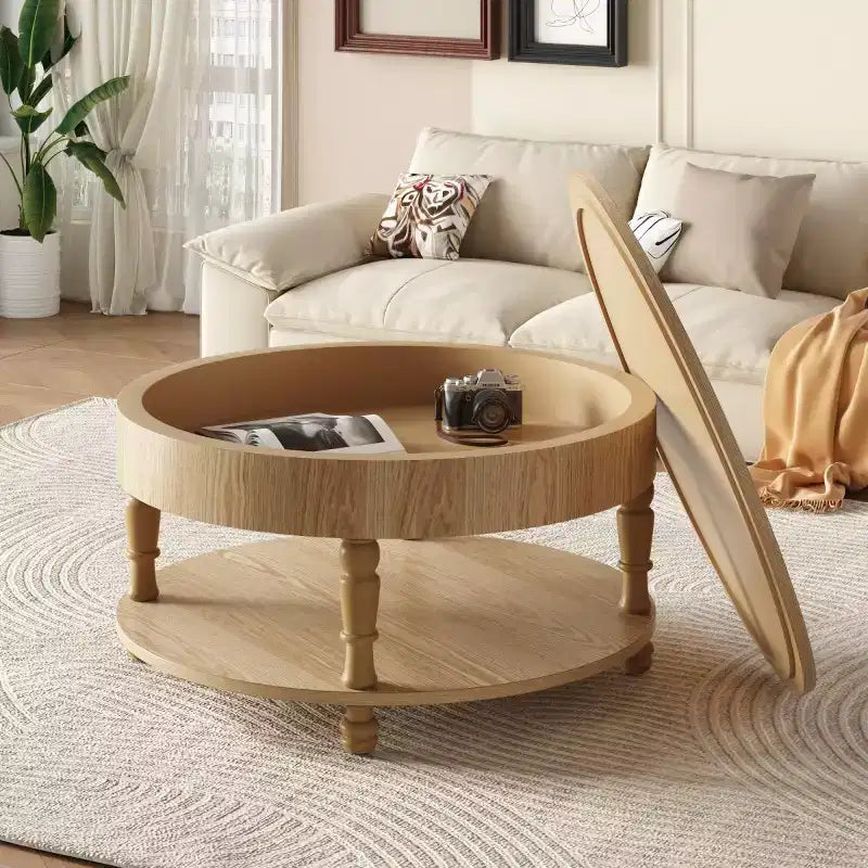 Table basse ronde de 80 cm avec rangement caché à plateau relevable et étagère ouverte, table d'appoint à deux niveaux avec pieds en bois pour salon