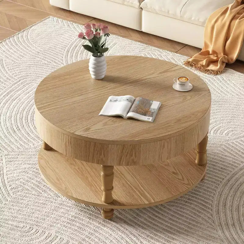 Table basse ronde de 80 cm avec rangement caché à plateau relevable et étagère ouverte, table d'appoint à deux niveaux avec pieds en bois pour salon