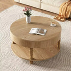 Table basse ronde de 80 cm avec rangement caché à plateau relevable et étagère ouverte, table d'appoint à deux niveaux avec pieds en bois pour salon