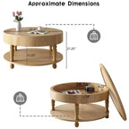 Table basse ronde de 80 cm avec rangement caché à plateau relevable et étagère ouverte, table d'appoint à deux niveaux avec pieds en bois pour salon