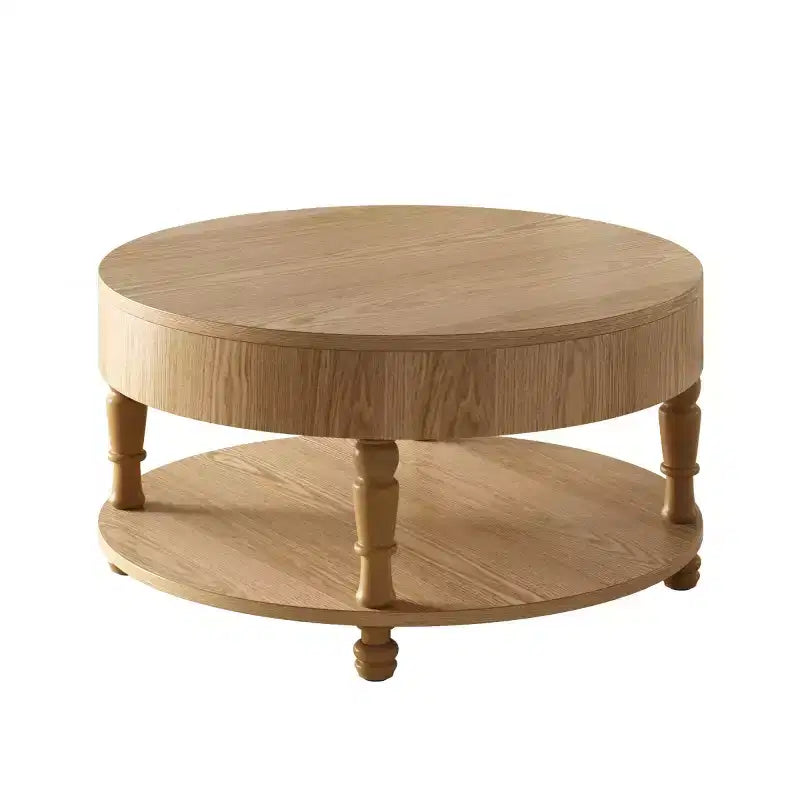 Table basse ronde de 80 cm avec rangement caché à plateau relevable et étagère ouverte, table d'appoint à deux niveaux avec pieds en bois pour salon