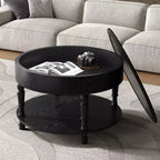 Table basse ronde de 80 cm avec rangement caché à plateau relevable et étagère ouverte, table d'appoint à deux niveaux avec pieds en bois pour salon