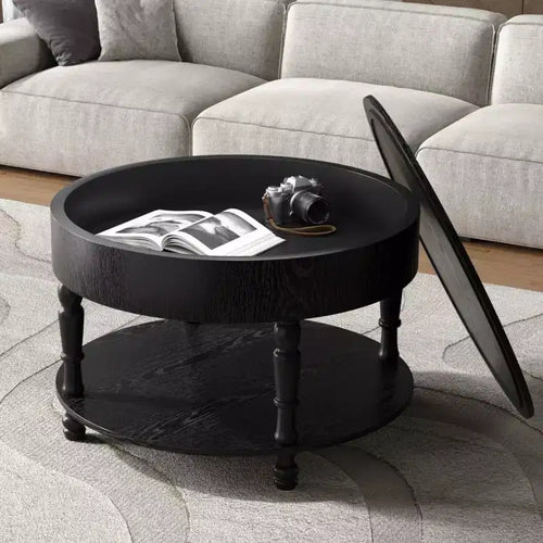 Table basse ronde de 80 cm avec rangement caché à plateau relevable et étagère ouverte, table d'appoint à deux niveaux avec pieds en bois pour salon