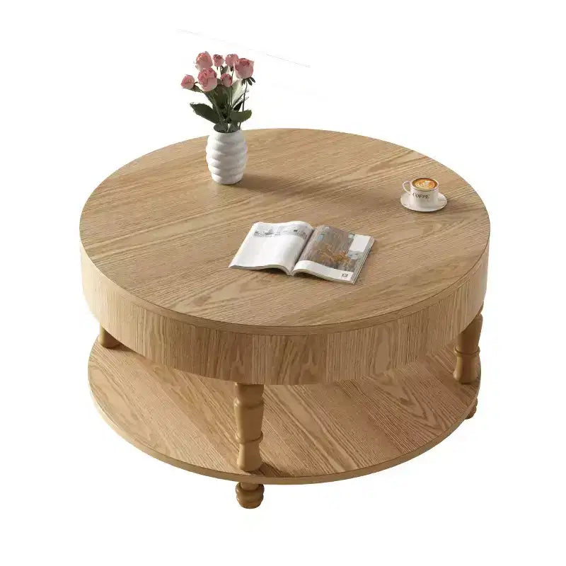 Table basse ronde de 80 cm avec rangement caché à plateau relevable et étagère ouverte, table d'appoint à deux niveaux avec pieds en bois pour salon