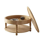 Table basse ronde de 80 cm avec rangement caché à plateau relevable et étagère ouverte, table d'appoint à deux niveaux avec pieds en bois pour salon